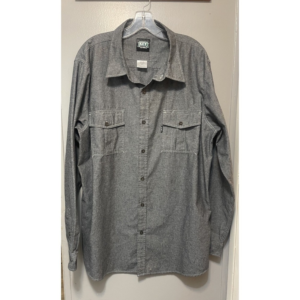 Key Brand Long Sleeve Button Up Shirt 100% Cotton Gray Men's 2XLT. Pockets.